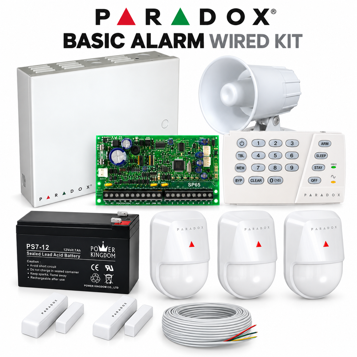 Paradox 8-zone wired alarm kit with PIR motion sensors, magnetic door contacts and backup battery