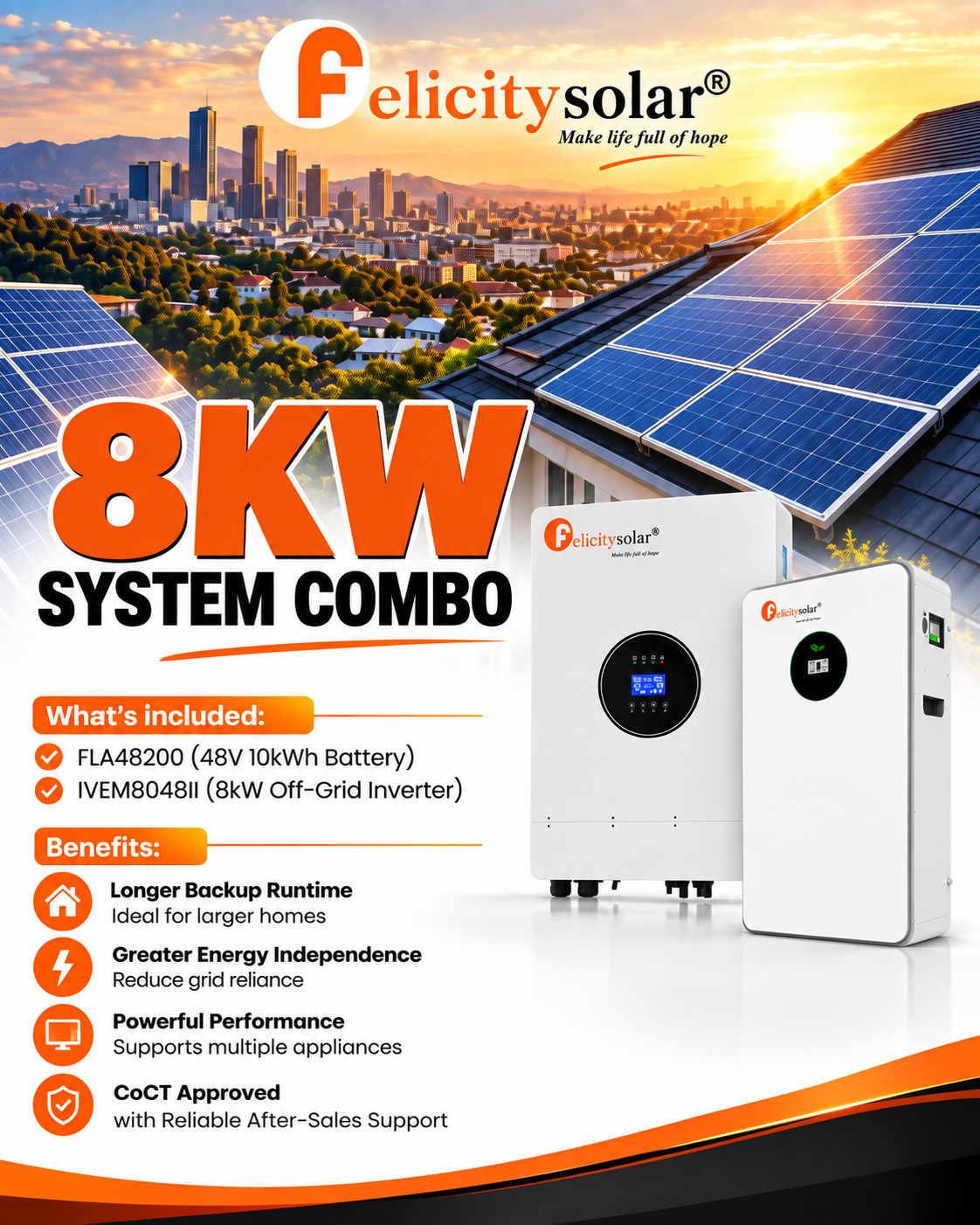 FelicitySolar 8kW Off-Grid Solar Inverter Combo with 10kWh Lithium Battery – 48V