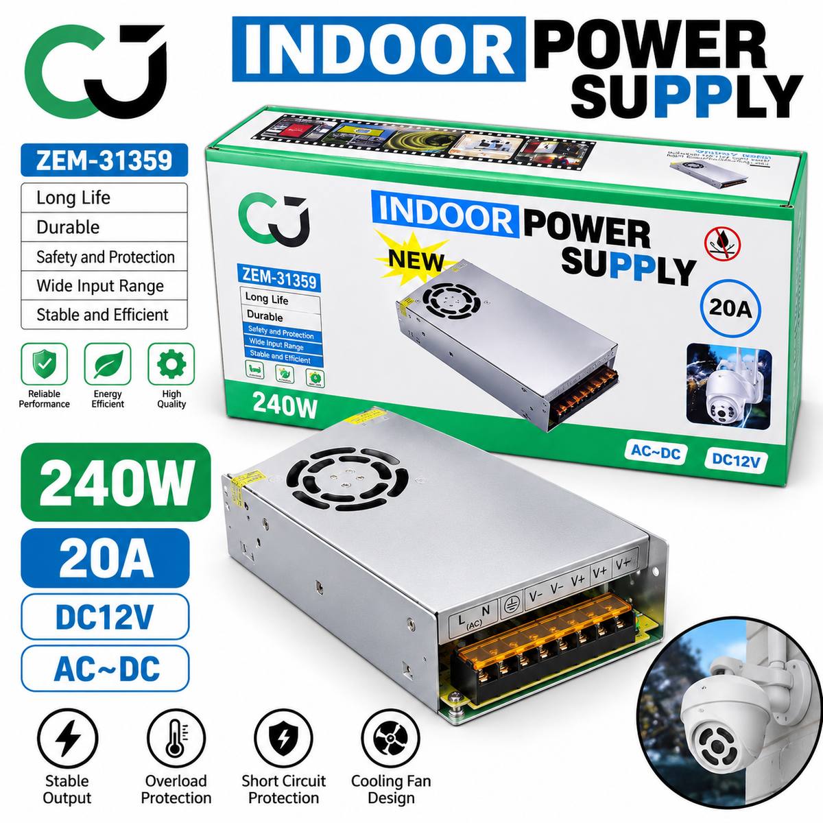 240W 20A 12V DC Power Supply – Metal Enclosed CCTV Power Supply