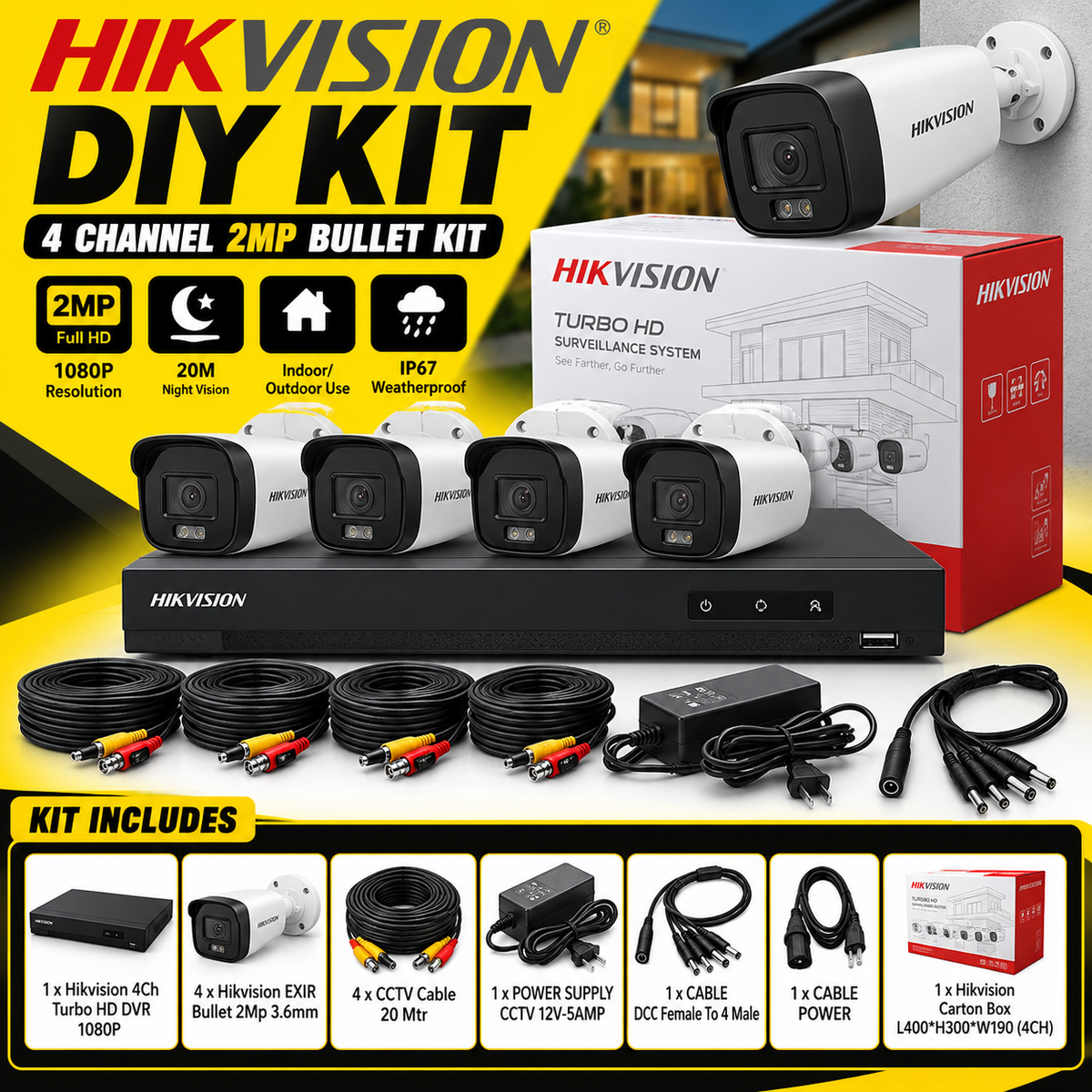 Hikvision 4-channel 2MP bullet CCTV DIY kit with four cameras and cables