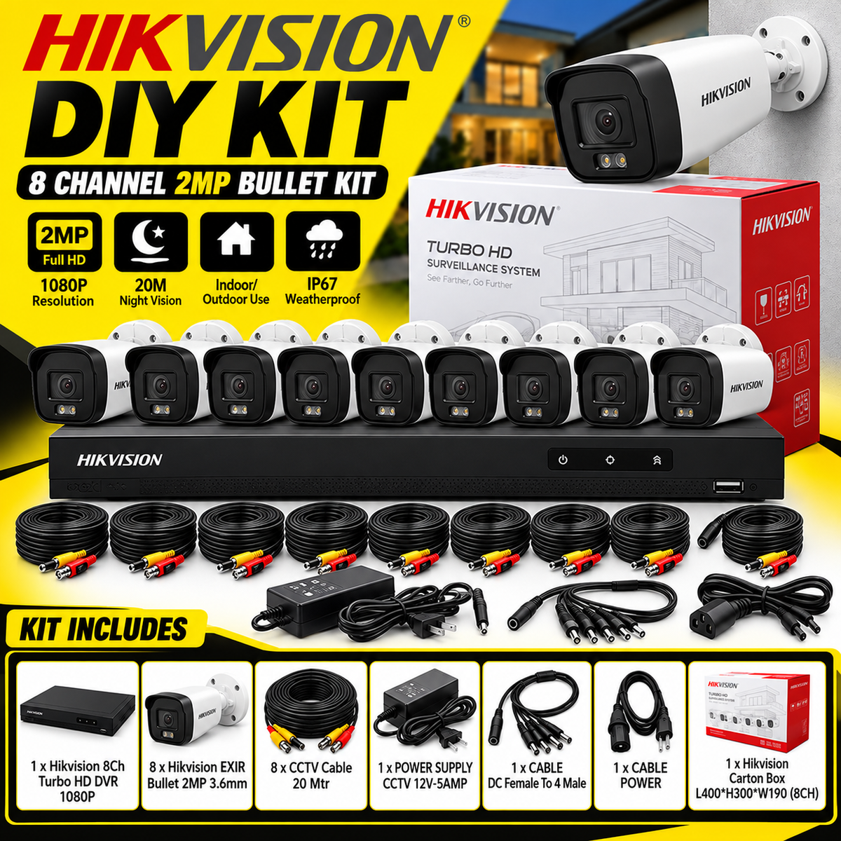 Hikvision 8-camera 2MP CCTV security kit with 8-channel DVR and 20m camera cables