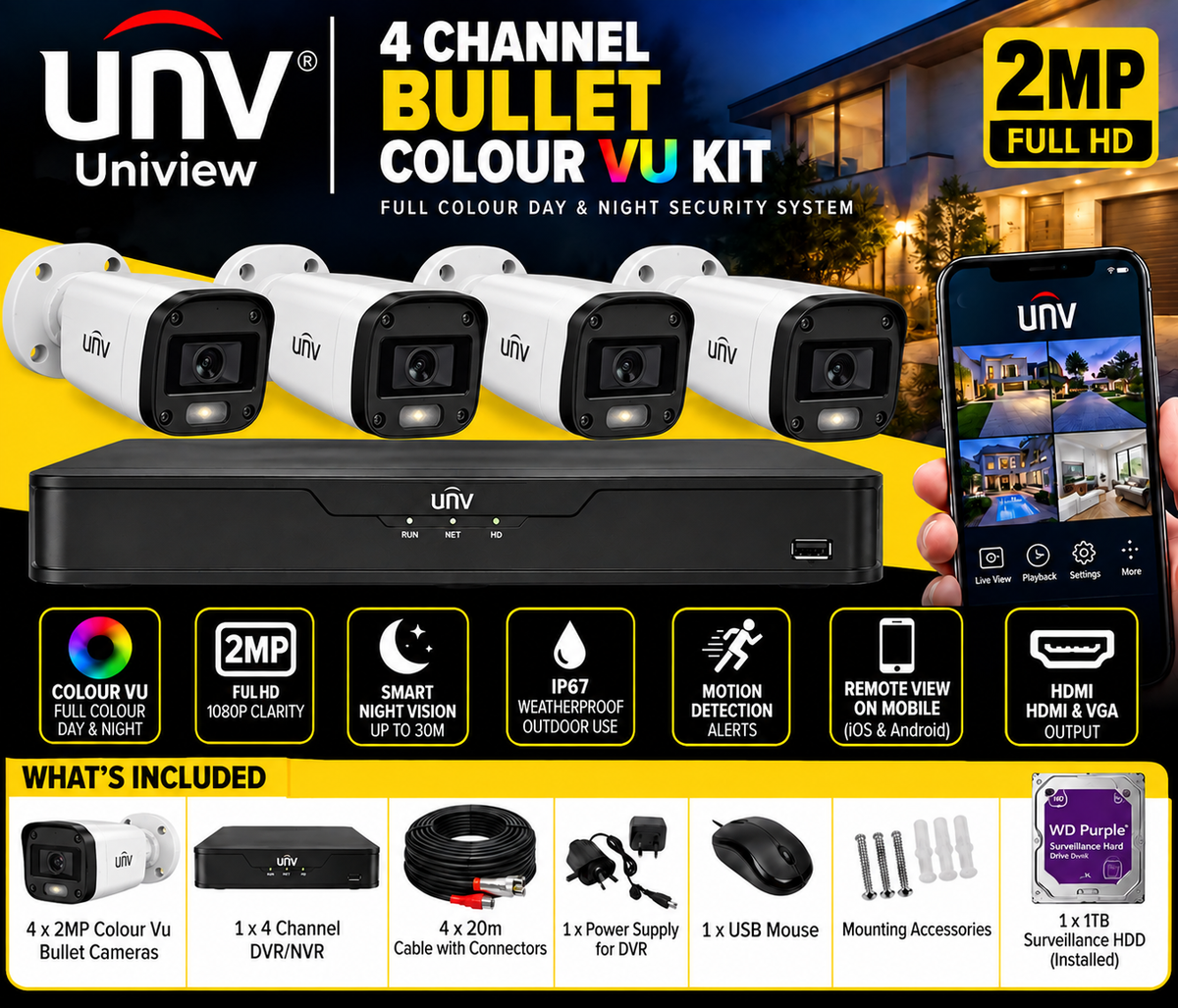 UNV 4 Channel 2MP ColourVu Bullet CCTV Kit | Full-Colour Security System