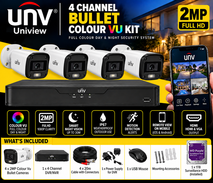 UNV 4 Channel 2MP ColourVu Bullet CCTV Kit | Full-Colour Security System