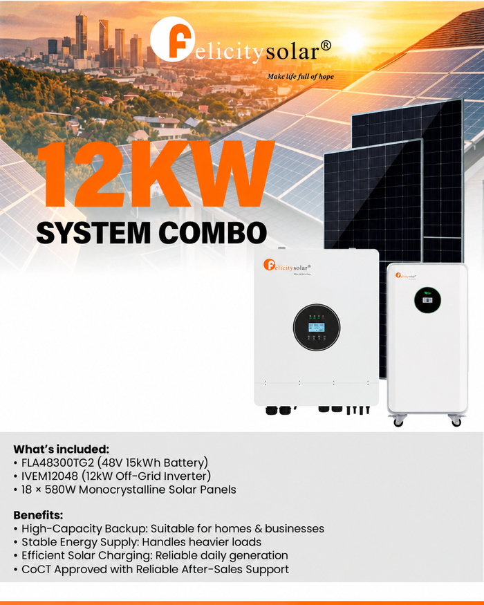 Felicity Solar 12kW Off-Grid Solar System Combo – 15kWh Battery & 10.44kW Solar Panels