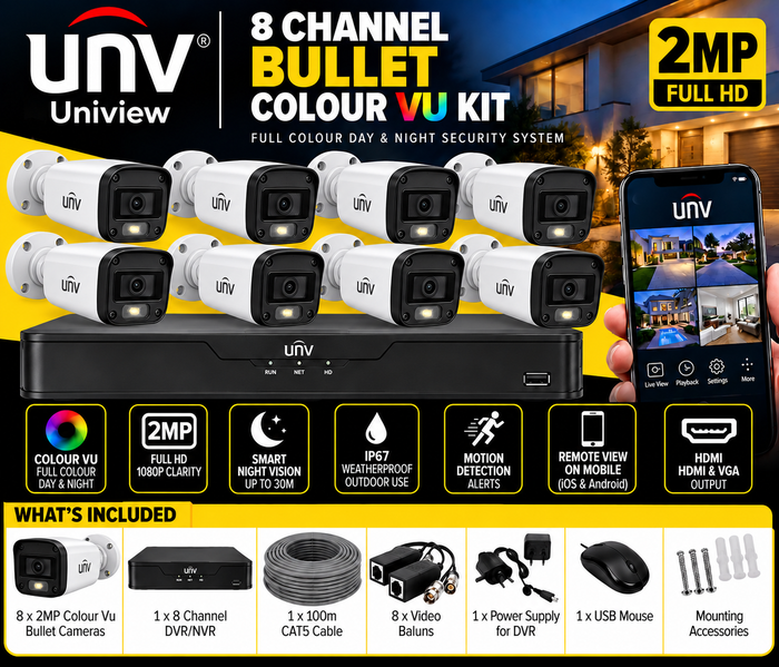 UNV 8 Channel 2MP ColourVu Bullet CCTV Kit | Full HD Security System