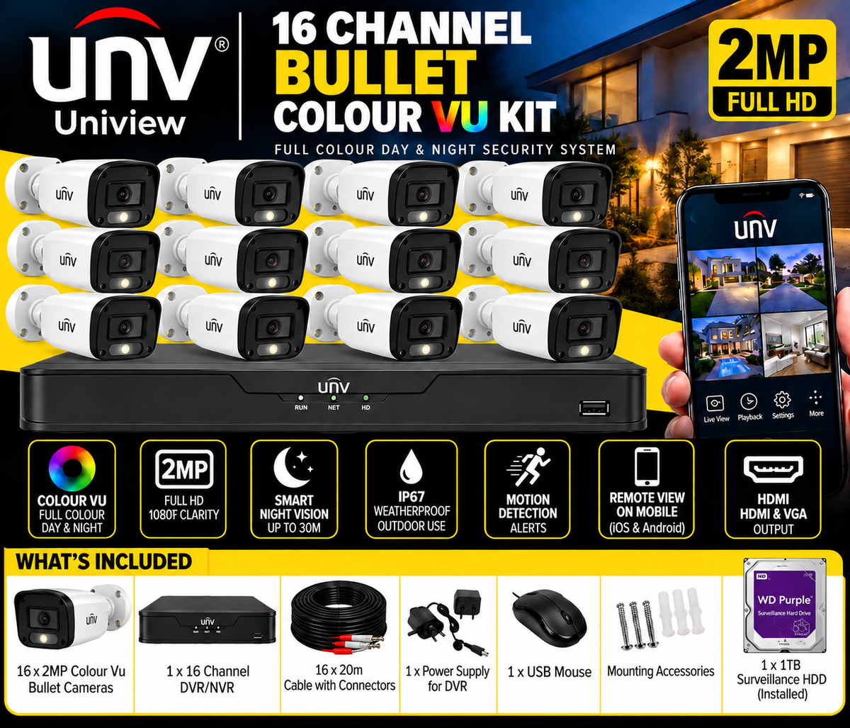 UNV 16 Channel 2MP ColourVu Bullet CCTV Kit | Full HD Security System