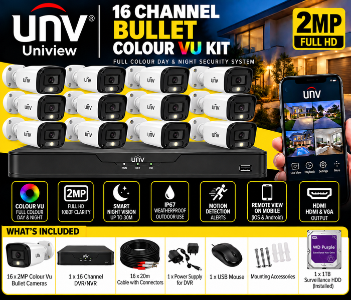 UNV 16 Channel 2MP ColourVu Bullet CCTV Kit | Full HD Security System